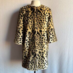 Animal Print Faux Fur Collarless 3/4 Sleeve Jacket